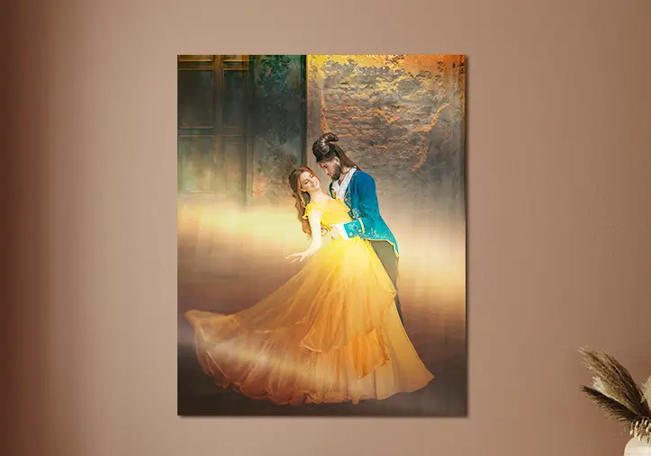 Personalised Beauty & the Beast-inspired print: A couple waltzes, she in a flowing yellow gown, he in a teal coat. Romantic & bespoke!